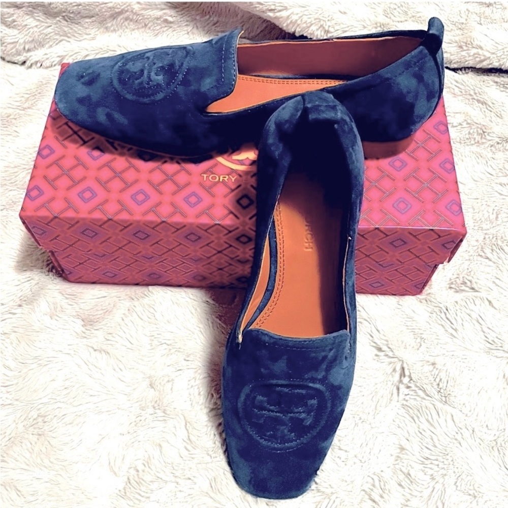 Tory Burch Navy Suede Logo Driving Loafers